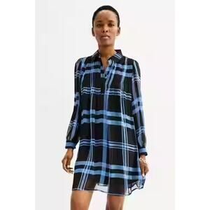 Women's Nine West Swing Pintuck Shirt Dress Blue Easy Plaid Size L